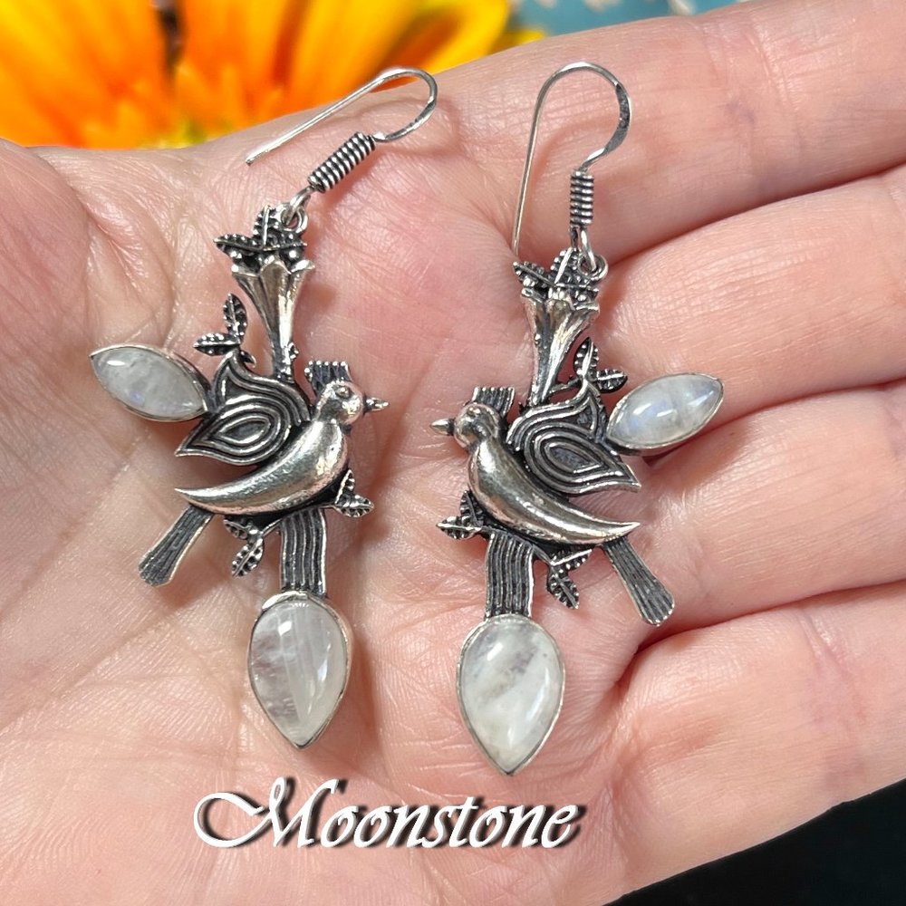 Rainbow Moonstone Earrings Long Handmade Gemstone Crystal 925 Silver Bohemian - Picture 4 of 9